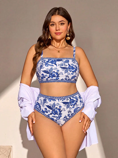 Swim Lushoire 2026 New Summer Beach 2-Piece Women's Spring/Summer Beach Vacation Elegant Romantic Bohemian Style Tropical Leaf, Floral, Landscape Print Asymmetric Shoulder Strap One-Piece Swimsuit And