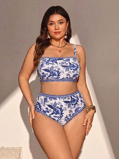 Swim Lushoire 2026 New Summer Beach 2-Piece Women's Spring/Summer Beach Vacation Elegant Romantic Bohemian Style Tropical Leaf, Floral, Landscape Print Asymmetric Shoulder Strap One-Piece Swimsuit And