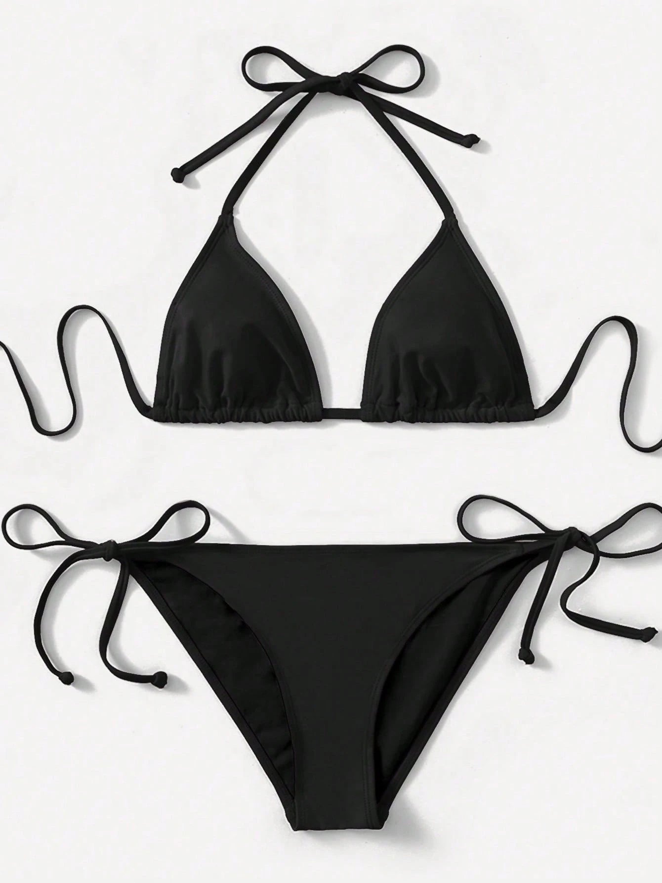 Swim Lushoire 2pcs 2025 Solid Color Halter Top & Tie Back Bottom Bikini Set, For Summer Beach Vacation