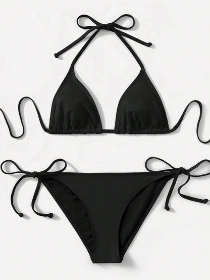 Swim Lushoire 2pcs 2025 Solid Color Halter Top & Tie Back Bottom Bikini Set, For Summer Beach Vacation