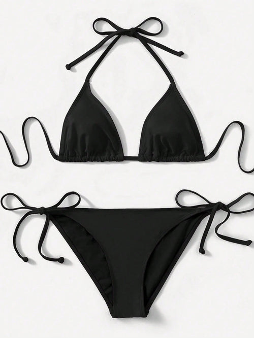 Swim Lushoire 2pcs 2025 Solid Color Halter Top & Tie Back Bottom Bikini Set, For Summer Beach Vacation