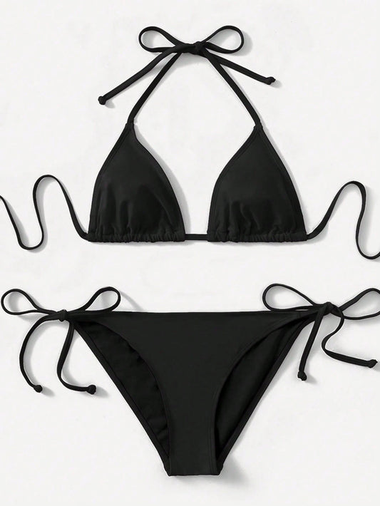 Swim Lushoire 2pcs 2025 Solid Color Halter Top & Tie Back Bottom Bikini Set, For Summer Beach Vacation