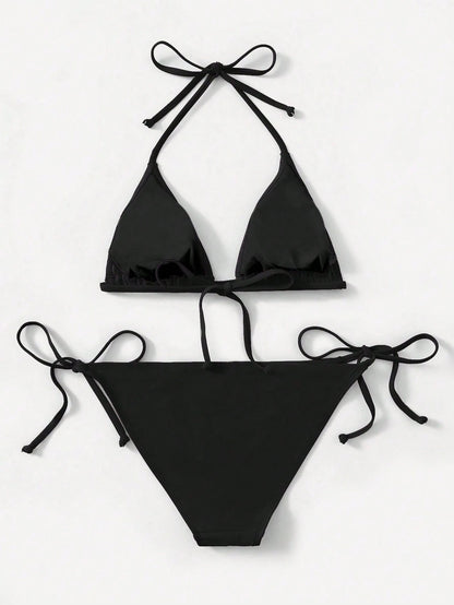 Swim Lushoire 2pcs 2025 Solid Color Halter Top & Tie Back Bottom Bikini Set, For Summer Beach Vacation