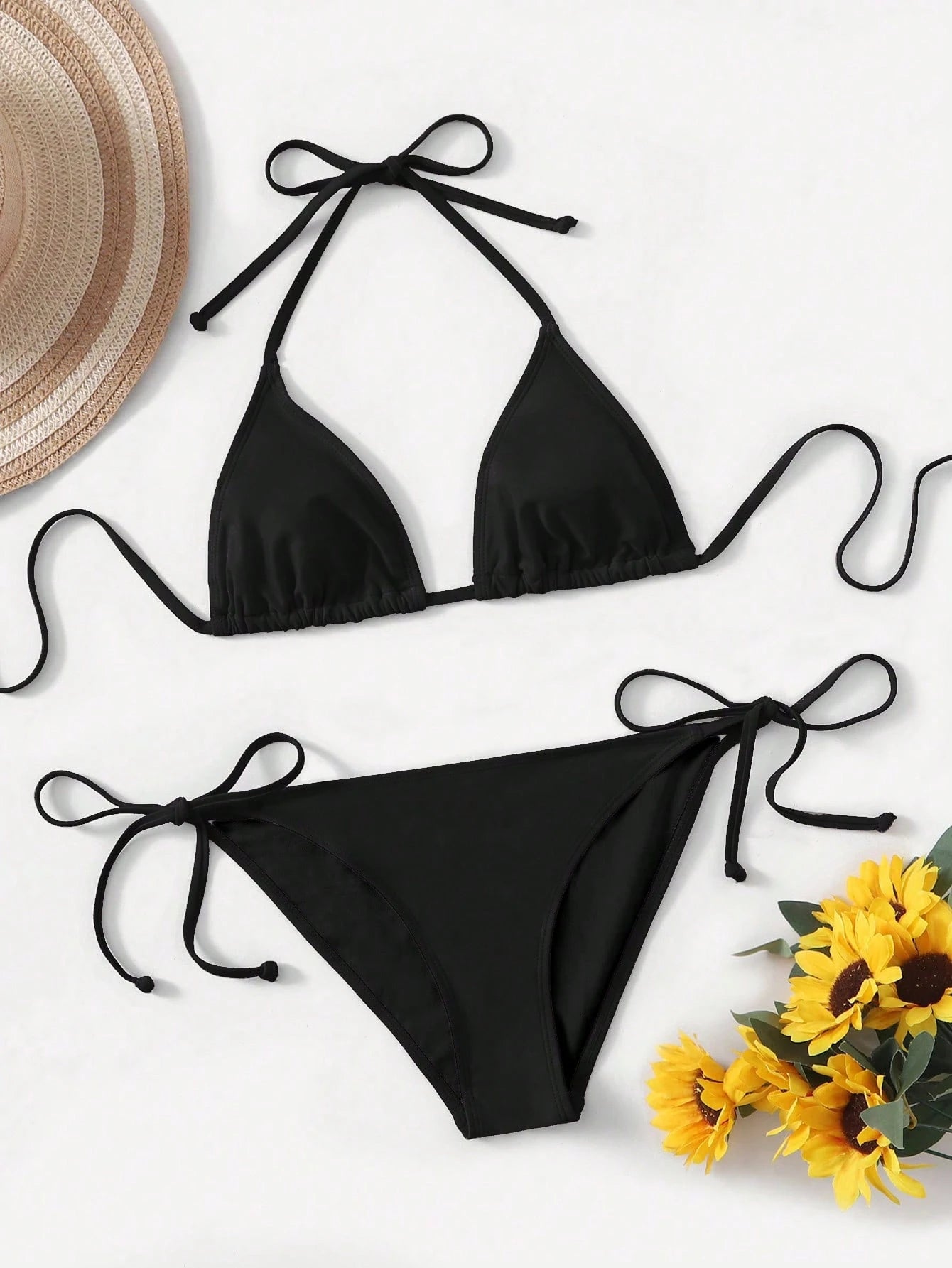 Swim Lushoire 2pcs 2025 Solid Color Halter Top & Tie Back Bottom Bikini Set, For Summer Beach Vacation