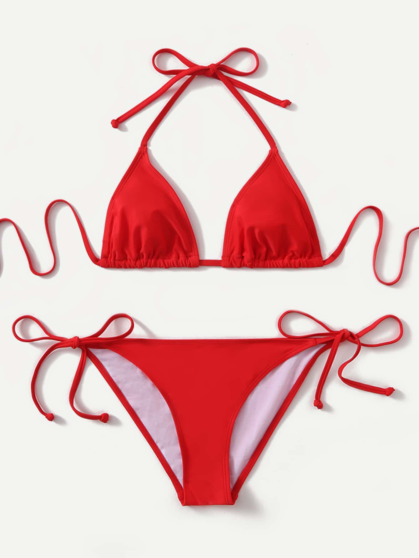 Swim Lushoire 2pcs 2025 Solid Color Halter Top & Tie Back Bottom Bikini Set, For Summer Beach Vacation