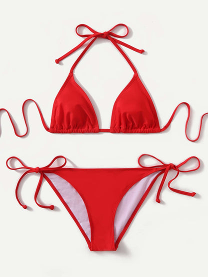 Swim Lushoire 2pcs 2025 Solid Color Halter Top & Tie Back Bottom Bikini Set, For Summer Beach Vacation