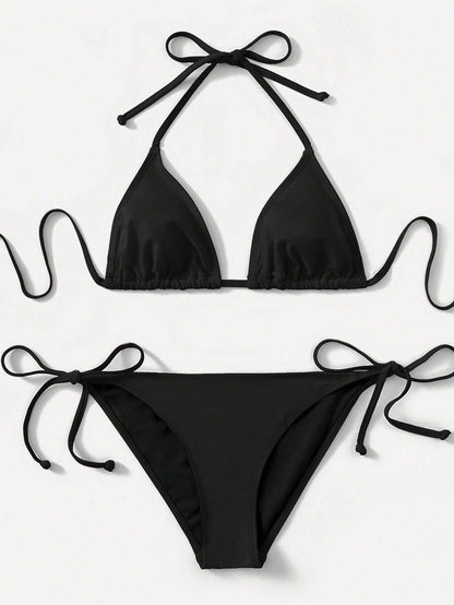 Swim Lushoire 2pcs 2025 Solid Color Halter Top & Tie Back Bottom Bikini Set, For Summer Beach Vacation