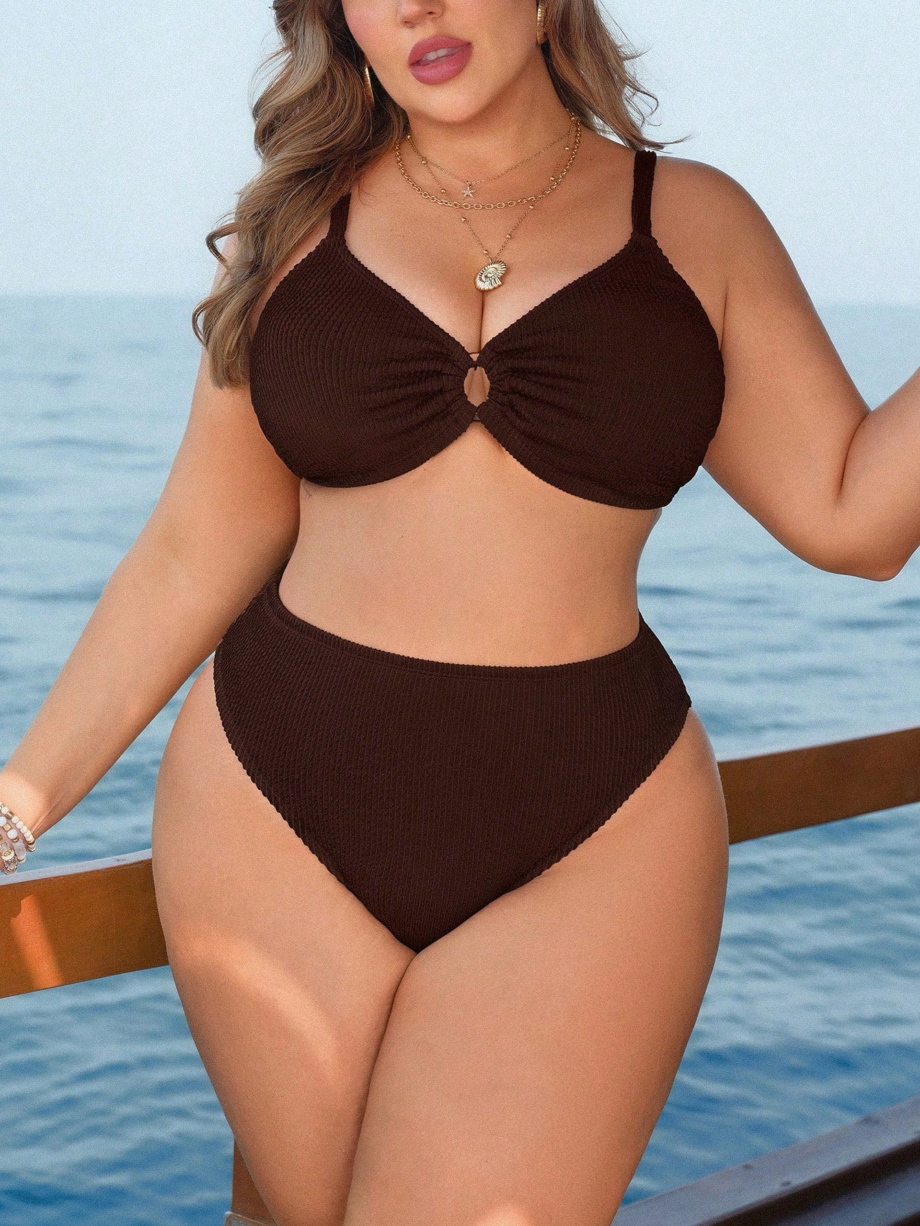 Swim Lushoire 2pcs Plus Size Women Textured Spaghetti Strap Top With Front Ring And Triangle Bottoms Bikini Swimwear