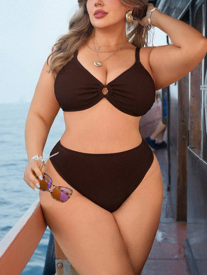 Swim Lushoire 2pcs Plus Size Women Textured Spaghetti Strap Top With Front Ring And Triangle Bottoms Bikini Swimwear