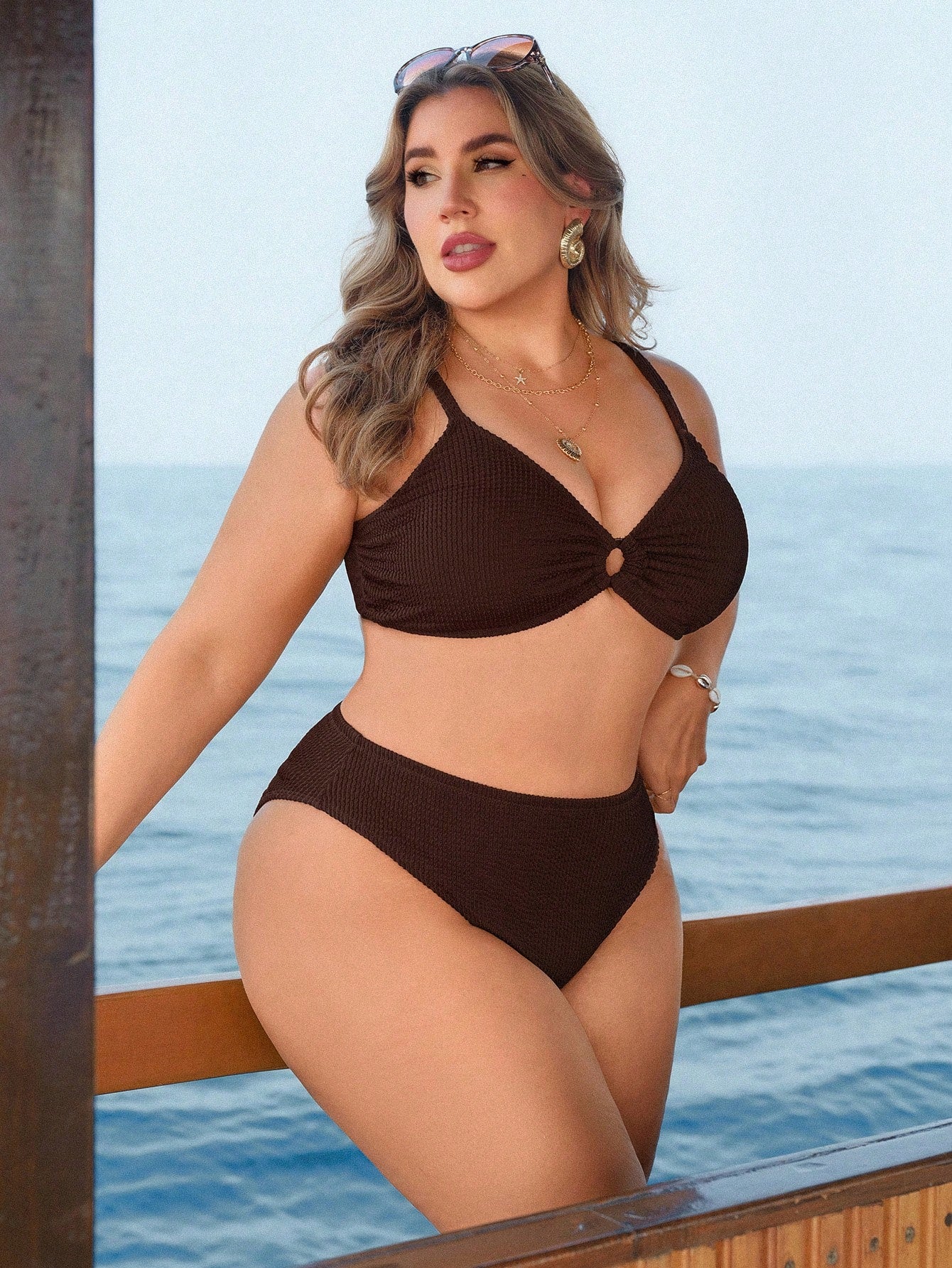 Swim Lushoire 2pcs Plus Size Women Textured Spaghetti Strap Top With Front Ring And Triangle Bottoms Bikini Swimwear