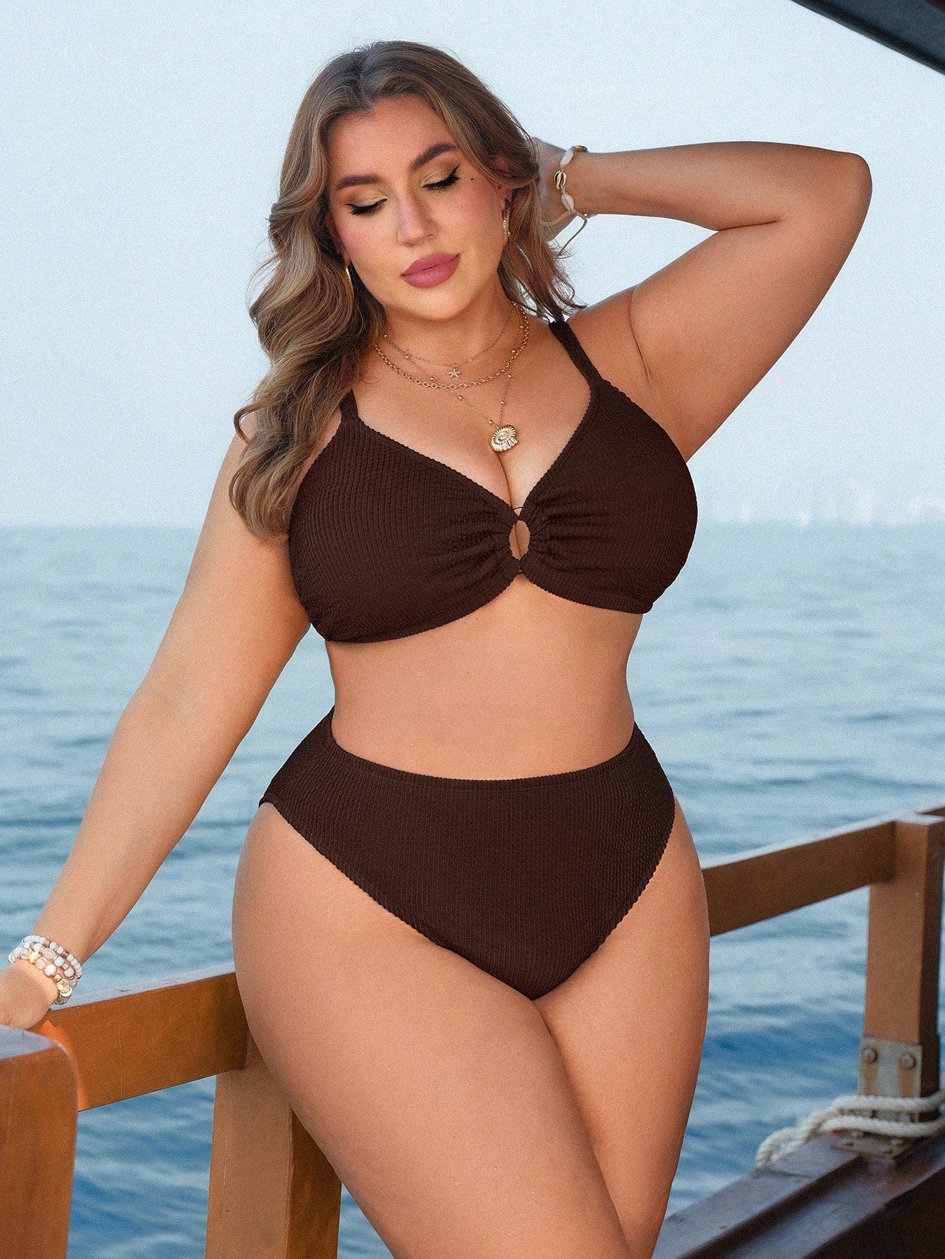 Swim Lushoire 2pcs Plus Size Women Textured Spaghetti Strap Top With Front Ring And Triangle Bottoms Bikini Swimwear