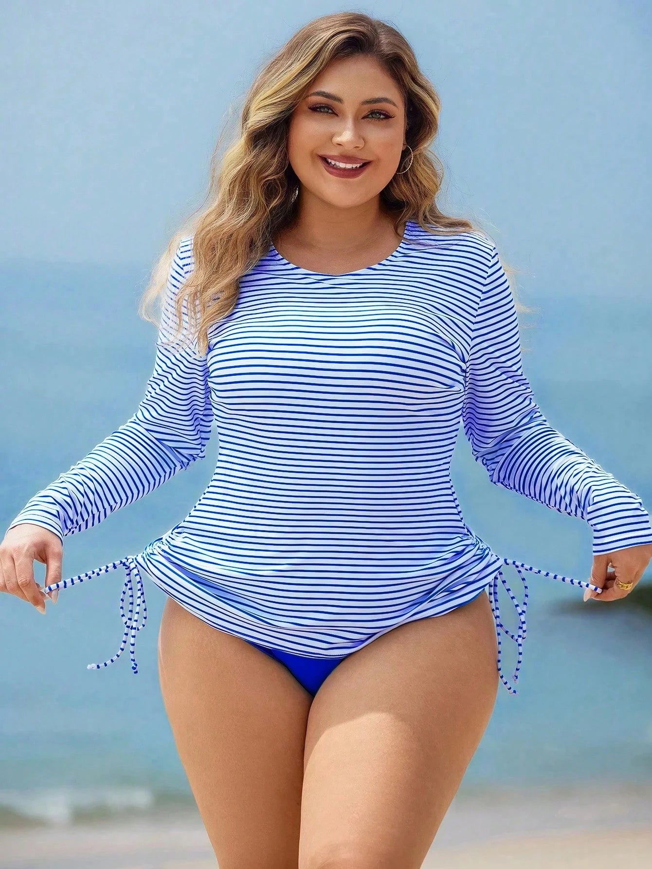 Swim Lushoire 2pcs Plus Size Women White Navy Blue Long Sleeve Crop Top High Waist Swimwear, Mature Fashion Casual Resort Wear Beach Summer