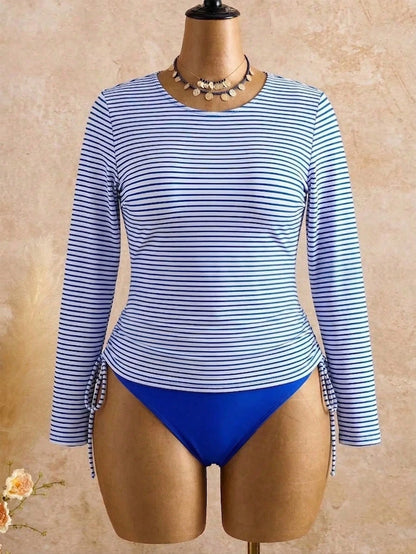 Swim Lushoire 2pcs Plus Size Women White Navy Blue Long Sleeve Crop Top High Waist Swimwear, Mature Fashion Casual Resort Wear Beach Summer