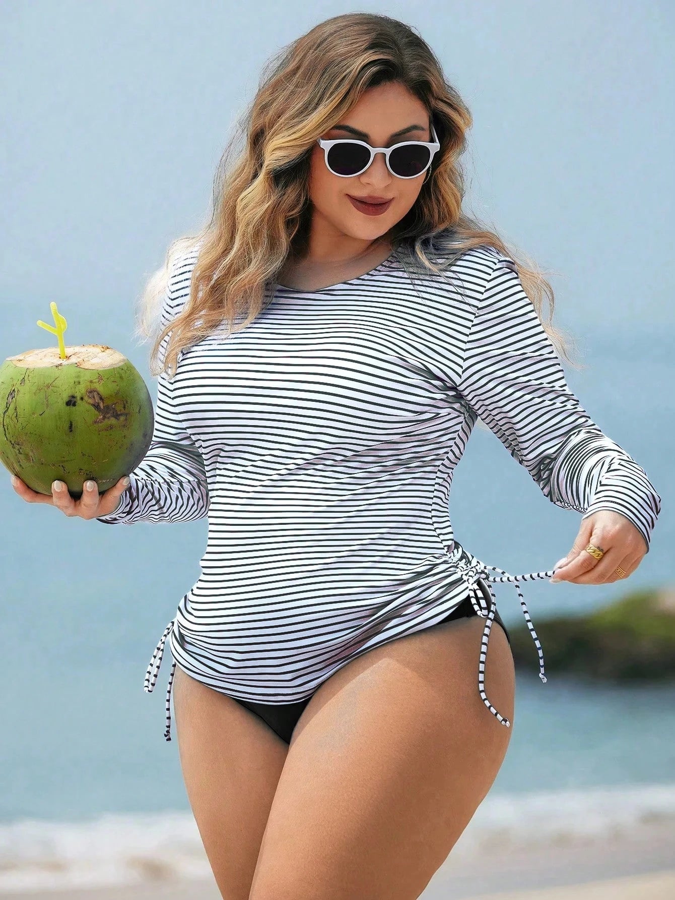 Swim Lushoire 2pcs Plus Size Women White Navy Blue Long Sleeve Crop Top High Waist Swimwear, Mature Fashion Casual Resort Wear Beach Summer