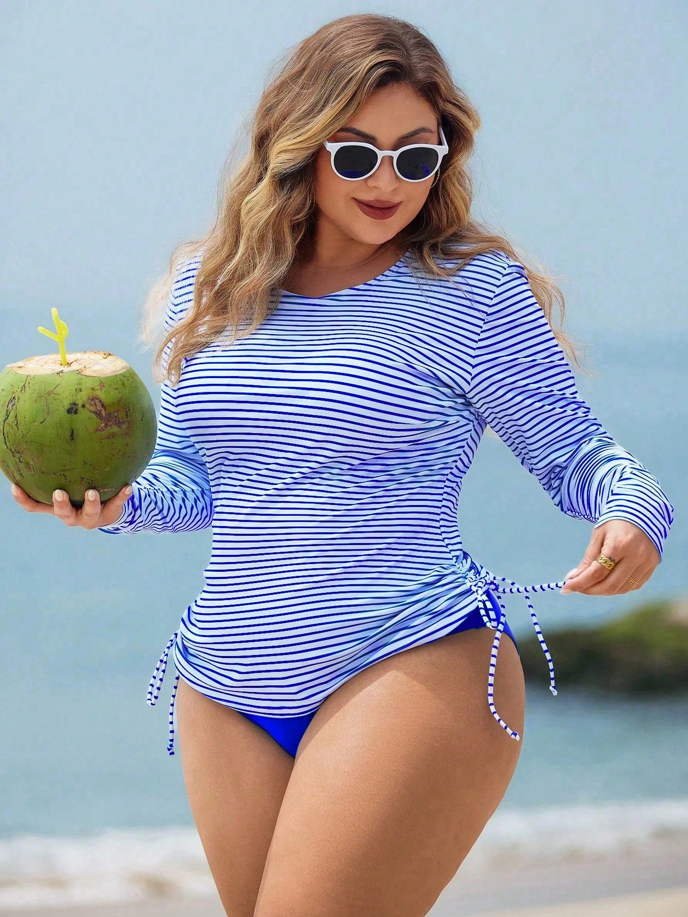 Swim Lushoire 2pcs Plus Size Women White Navy Blue Long Sleeve Crop Top High Waist Swimwear, Mature Fashion Casual Resort Wear Beach Summer
