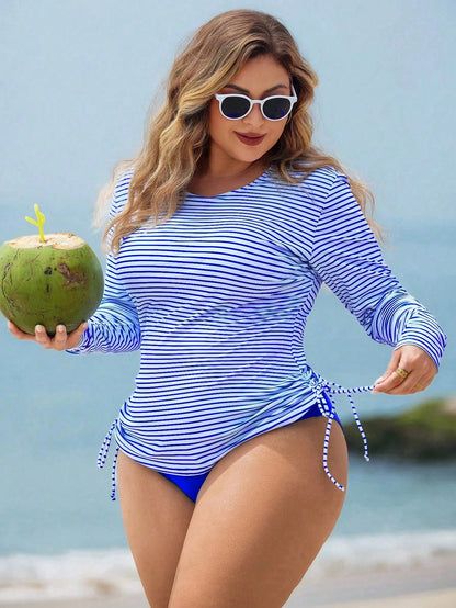Swim Lushoire 2pcs Plus Size Women White Navy Blue Long Sleeve Crop Top High Waist Swimwear, Mature Fashion Casual Resort Wear Beach Summer