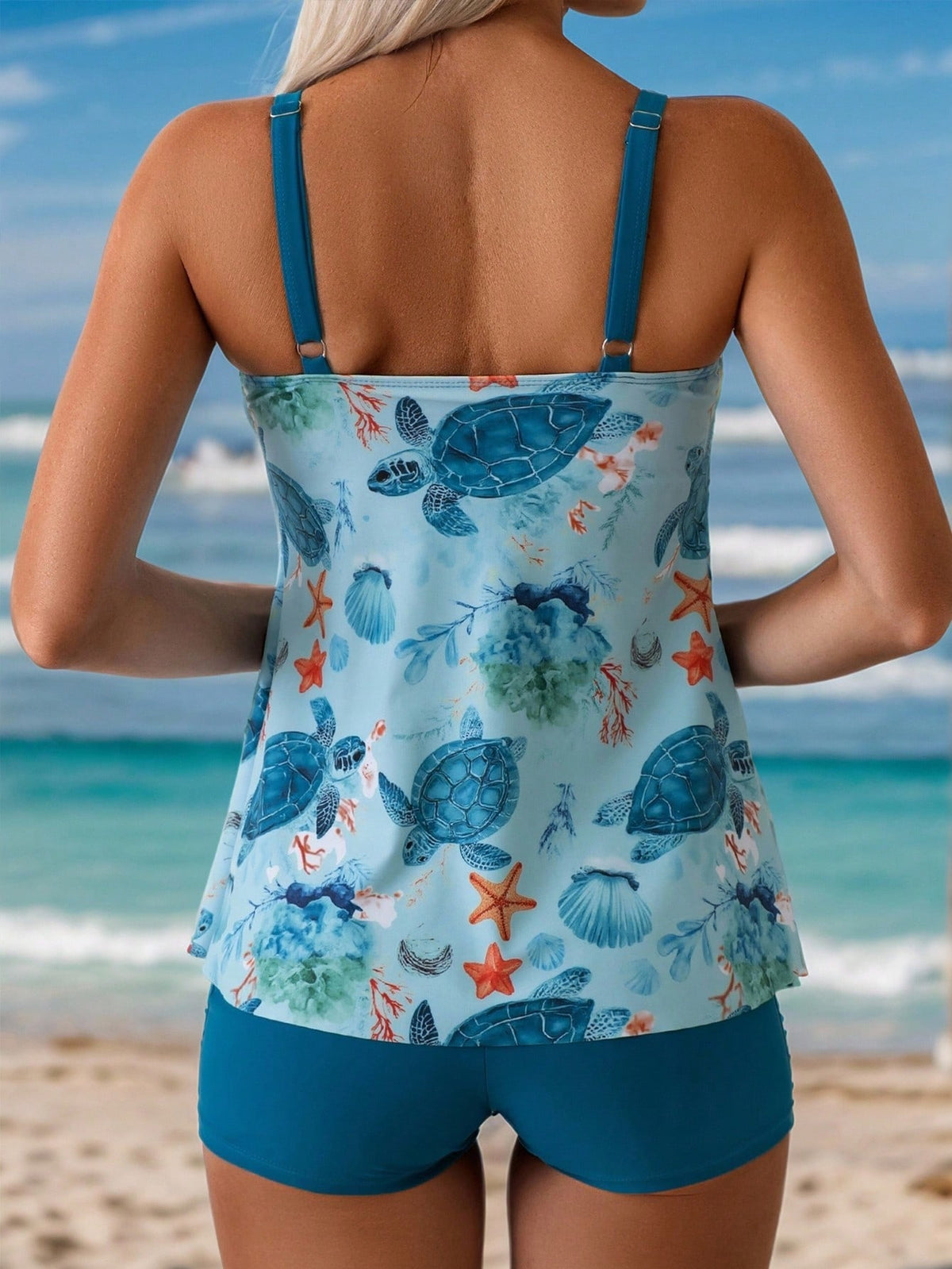 Swim Lushoire 2pcs Women's Camisole Strap Tankini Set, Marine Life Print Swimwear, European & American Style Beach Maxi Dress Swimwear