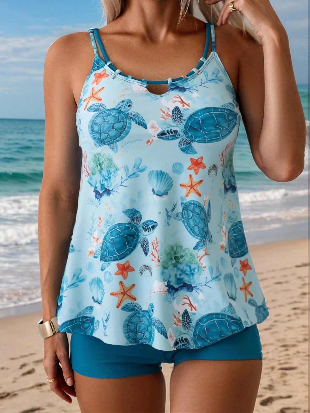 Swim Lushoire 2pcs Women's Camisole Strap Tankini Set, Marine Life Print Swimwear, European & American Style Beach Maxi Dress Swimwear
