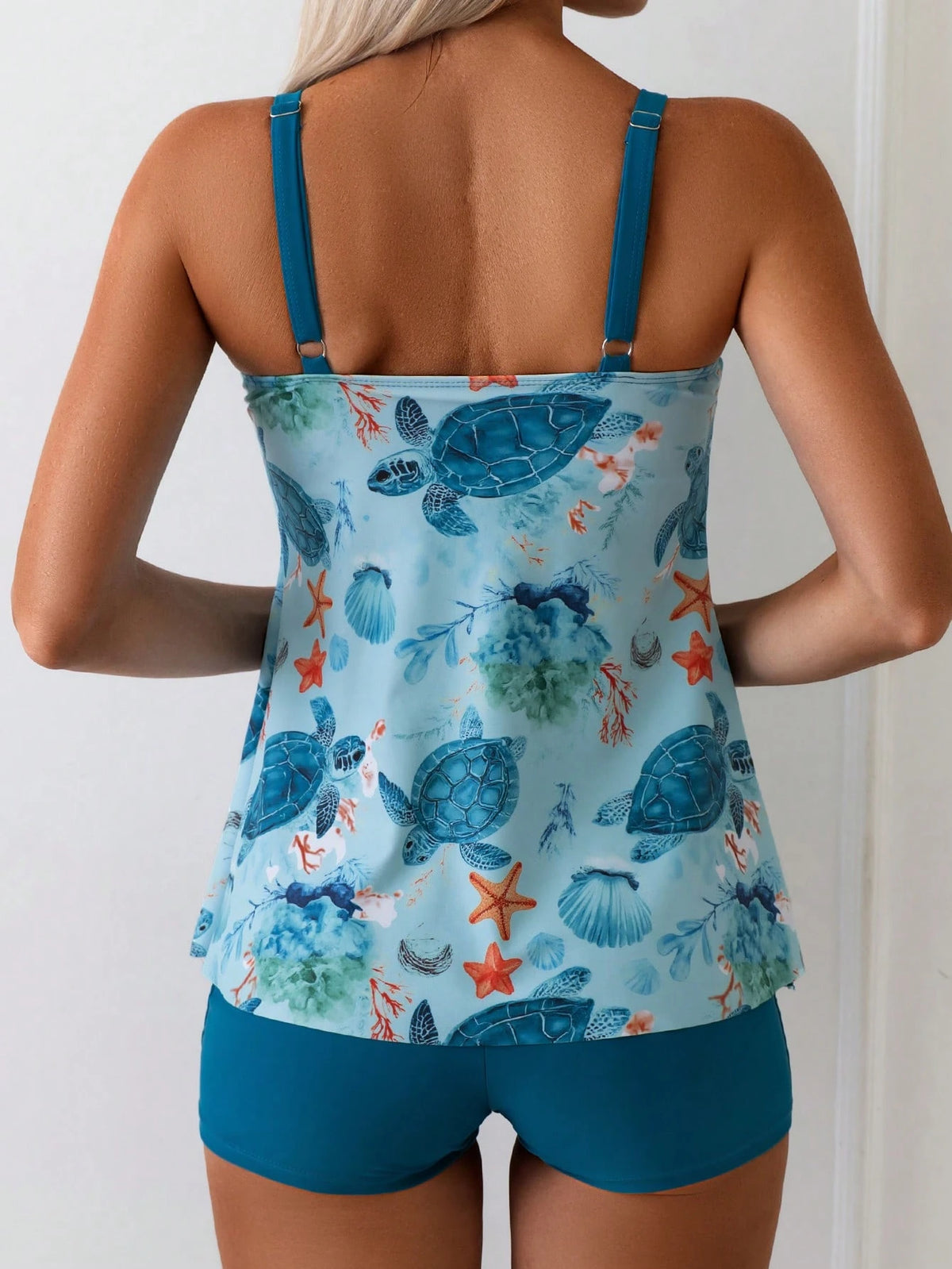 Swim Lushoire 2pcs Women's Camisole Strap Tankini Set, Marine Life Print Swimwear, European & American Style Beach Maxi Dress Swimwear