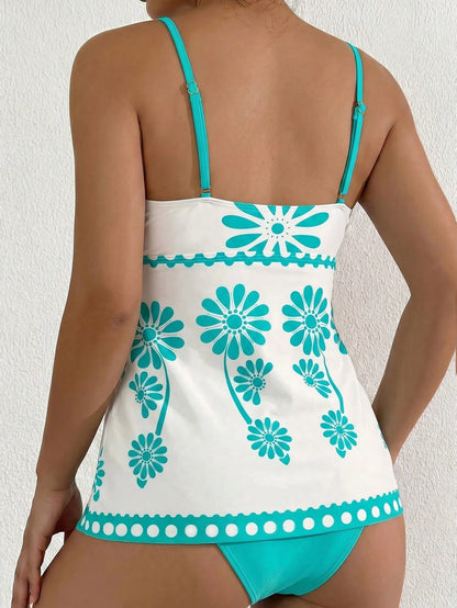 Swim Lushoire 2pcs Women's High Elasticity Green White Floral Print Bikini Set,Bandeau Top&Solid Triangle Bottom,Boho Summer Holiday Pool Party Elegant Swimwear