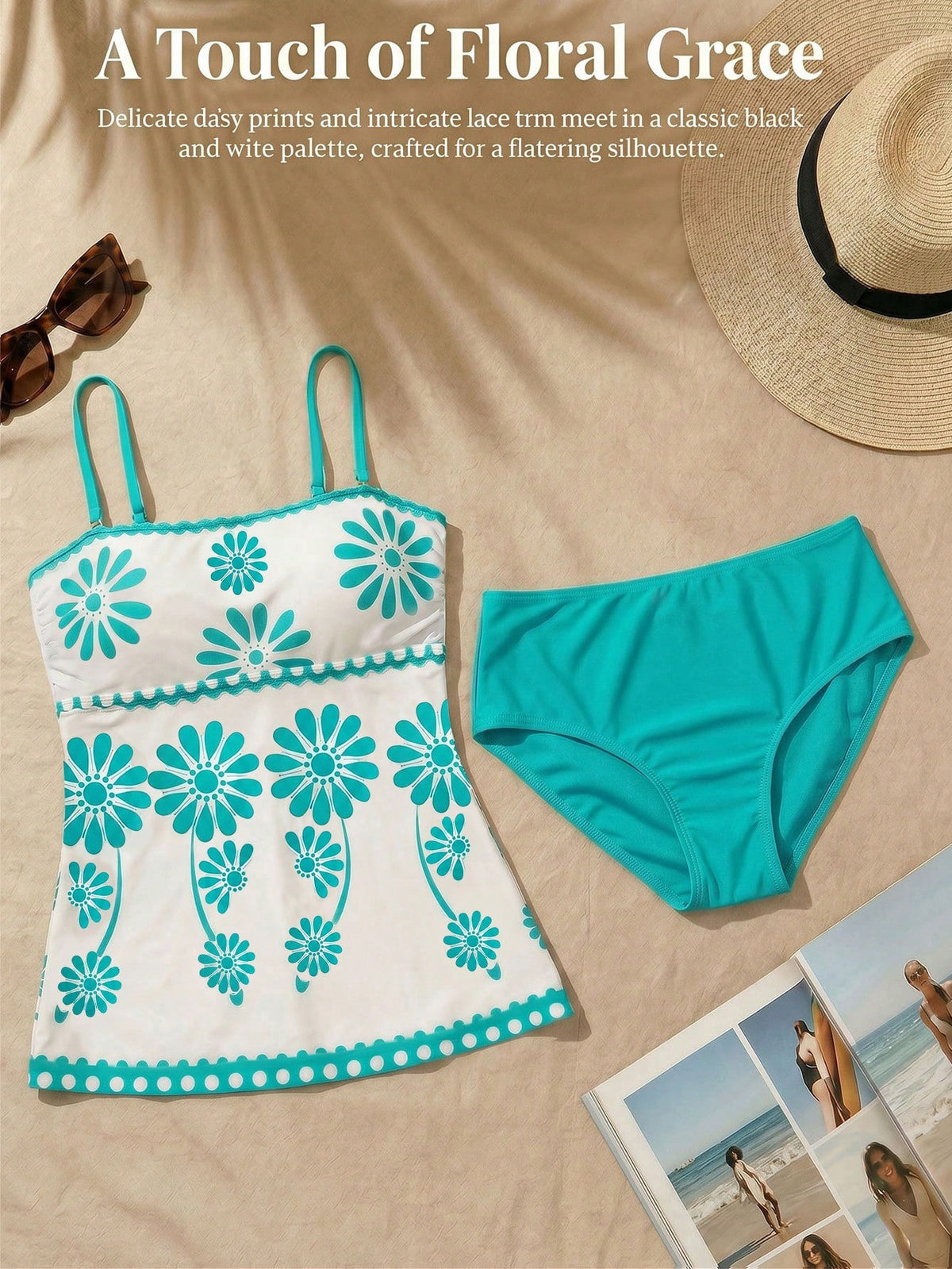 Swim Lushoire 2pcs Women's High Elasticity Green White Floral Print Bikini Set,Bandeau Top&Solid Triangle Bottom,Boho Summer Holiday Pool Party Elegant Swimwear