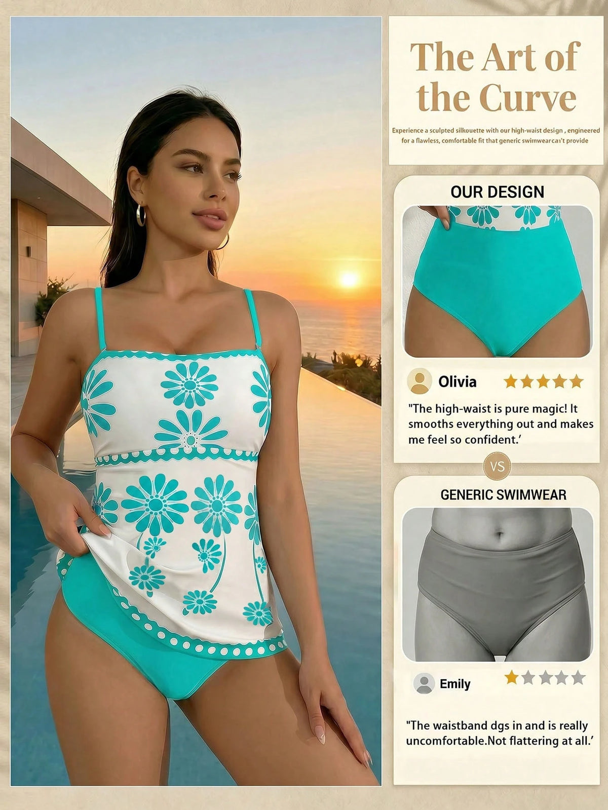 Swim Lushoire 2pcs Women's High Elasticity Green White Floral Print Bikini Set,Bandeau Top&Solid Triangle Bottom,Boho Summer Holiday Pool Party Elegant Swimwear