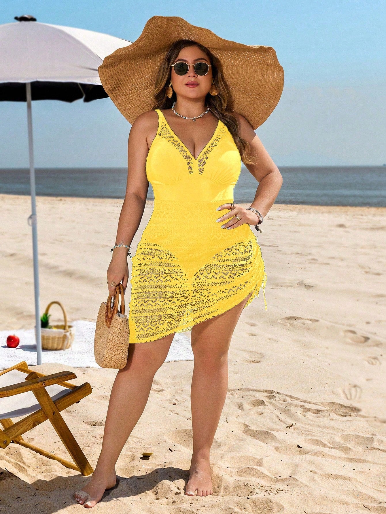 Swim Lushoire Plus Size Butter Yellow Jacquard Knit Patchwork V-Neck Tankini Swimsuit Skirt With Tunnel Drawstring,Elegant Casual Summer Beach Vacation Holiday