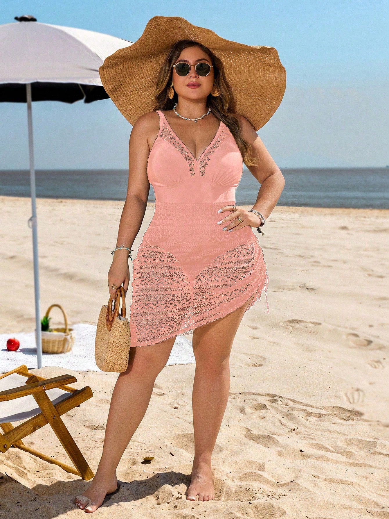 Swim Lushoire Plus Size Cerise Pink Jacquard Knit Patchwork V-Neck Tankini Swimsuit Skirt With Drawstring,Elegant Summer Tropical Beach Holiday Swimwear