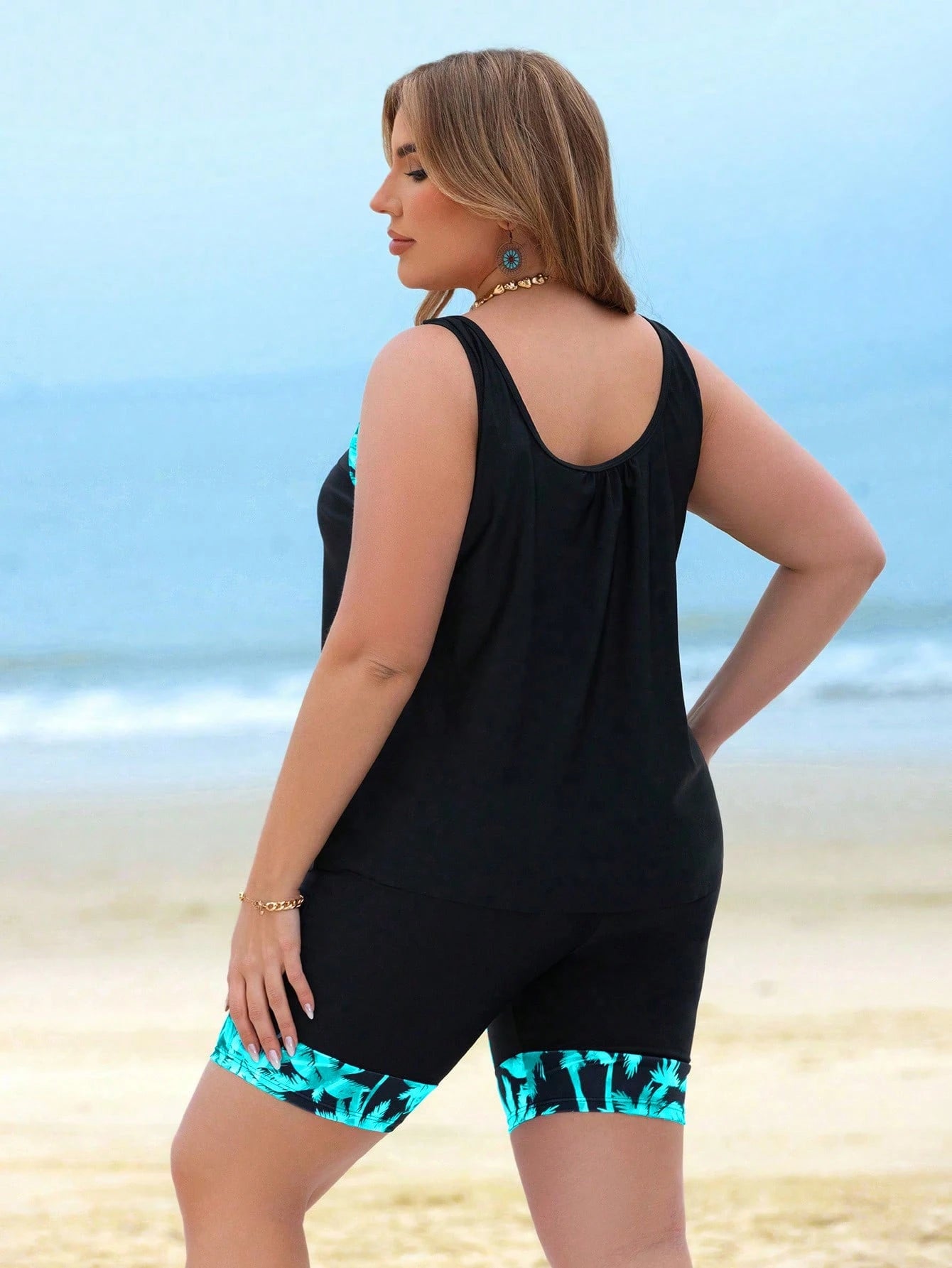Swim Lushoire Plus Size Coconut Tree Print Patchwork Tankini Swimsuit Set For Summer Beach Vacation