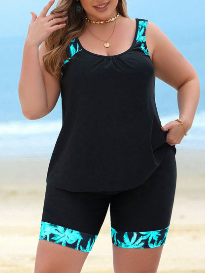 Swim Lushoire Plus Size Coconut Tree Print Patchwork Tankini Swimsuit Set For Summer Beach Vacation