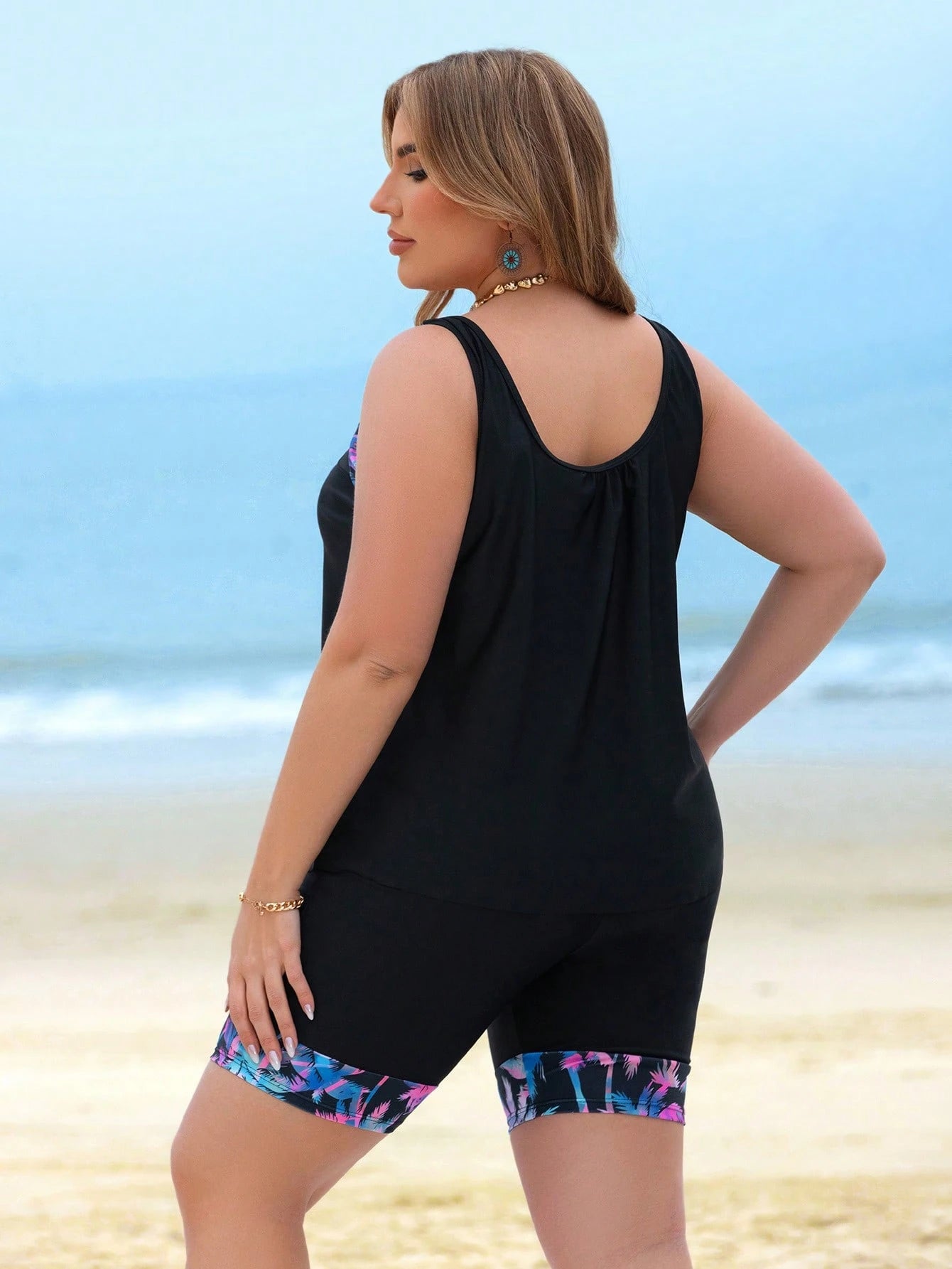 Swim Lushoire Plus Size Coconut Tree Print Patchwork Tankini Swimsuit Set For Summer Beach Vacation