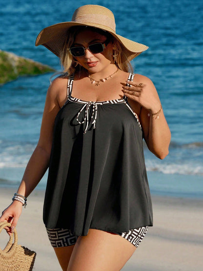 Swim Lushoire Plus Size Geometric Print Tankini Swimwear Set For Summer Beach Vacation