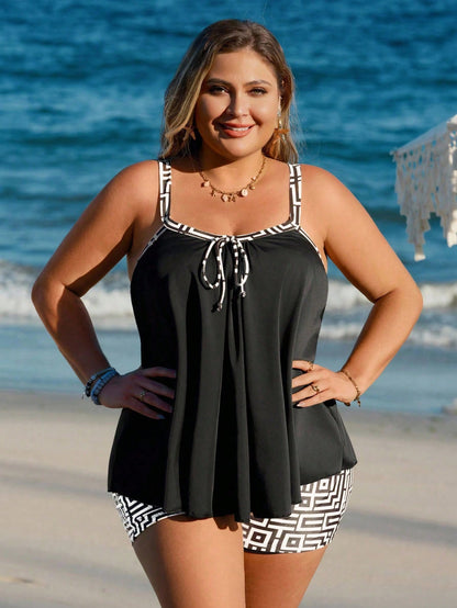 Swim Lushoire Plus Size Geometric Print Tankini Swimwear Set For Summer Beach Vacation