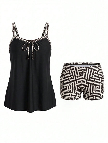 Swim Lushoire Plus Size Geometric Print Tankini Swimwear Set For Summer Beach Vacation