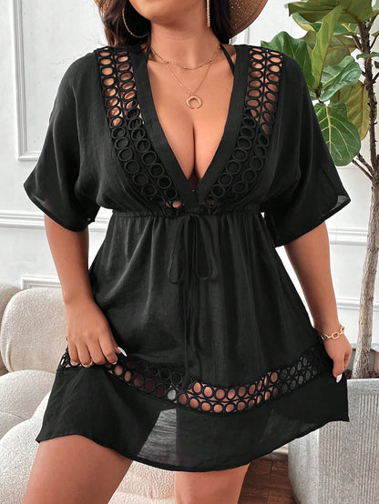 Swim Lushoire Plus Size Hollow Out Drawstring Waist Cover Up Dress Summer
