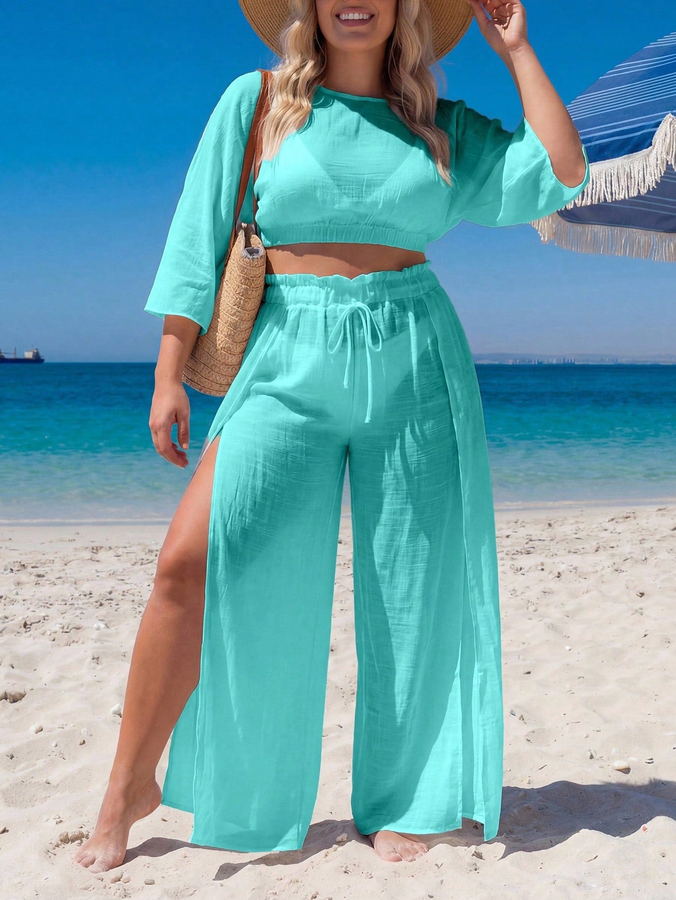 Swim Lushoire Plus Size Loose Kimono Cover Up Set, Vacation Style