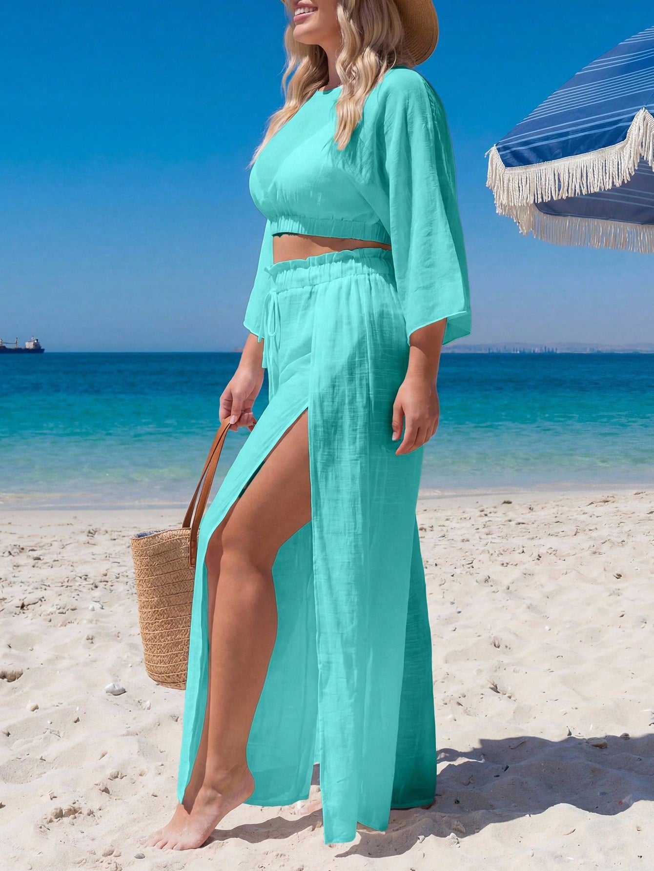 Swim Lushoire Plus Size Loose Kimono Cover Up Set, Vacation Style