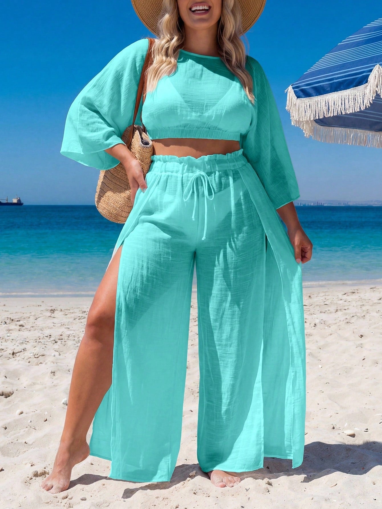 Swim Lushoire Plus Size Loose Kimono Cover Up Set, Vacation Style