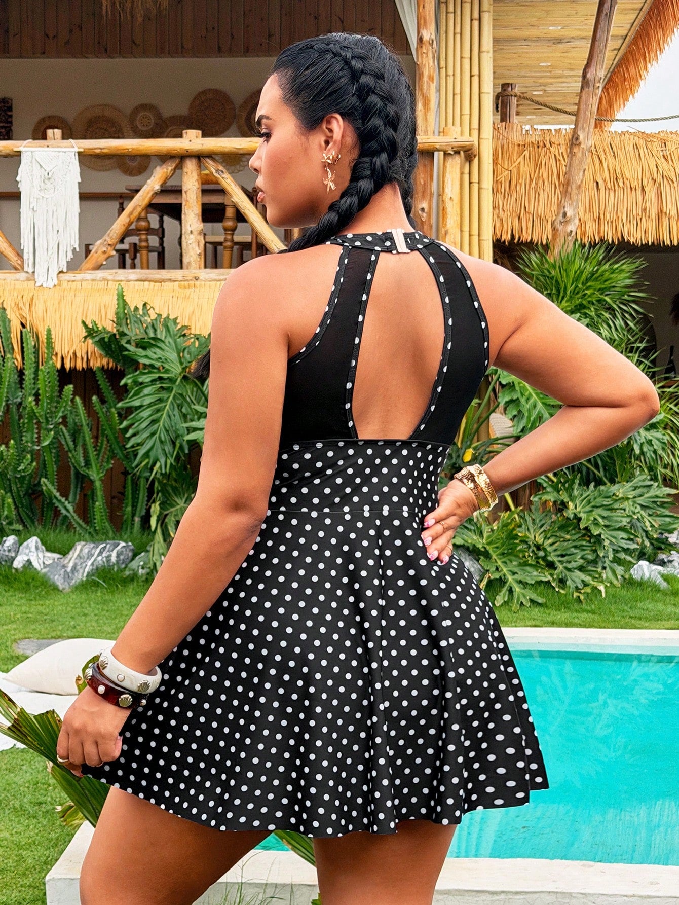 Swim Lushoire Plus Size Polka Dot Waist Cinching Mesh Splice Sleeveless Beach Dress