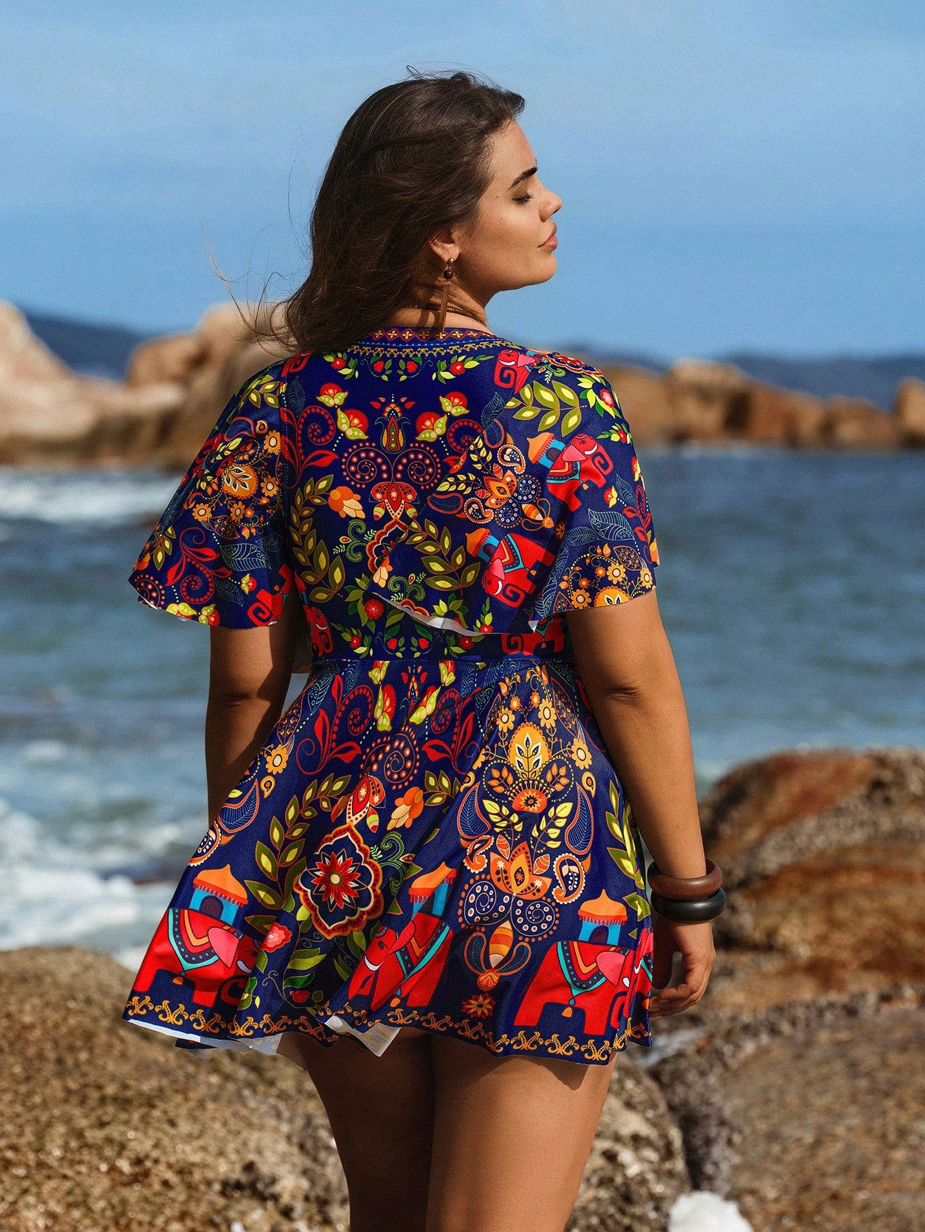 Swim Lushoire Plus Size Women 2pcs Print Fashion Vacation Casual Modest High Waist Triangle Ruffle Hem Tankini Swimwear