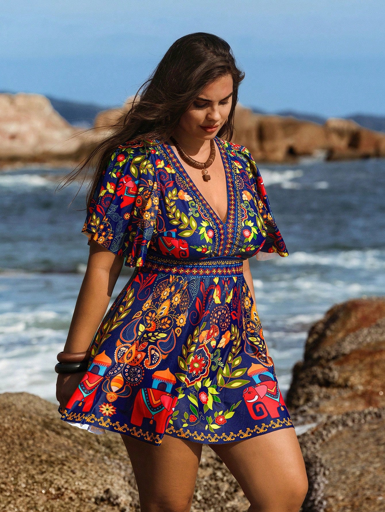 Swim Lushoire Plus Size Women 2pcs Print Fashion Vacation Casual Modest High Waist Triangle Ruffle Hem Tankini Swimwear