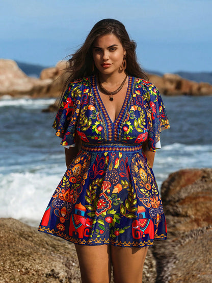 Swim Lushoire Plus Size Women 2pcs Print Fashion Vacation Casual Modest High Waist Triangle Ruffle Hem Tankini Swimwear