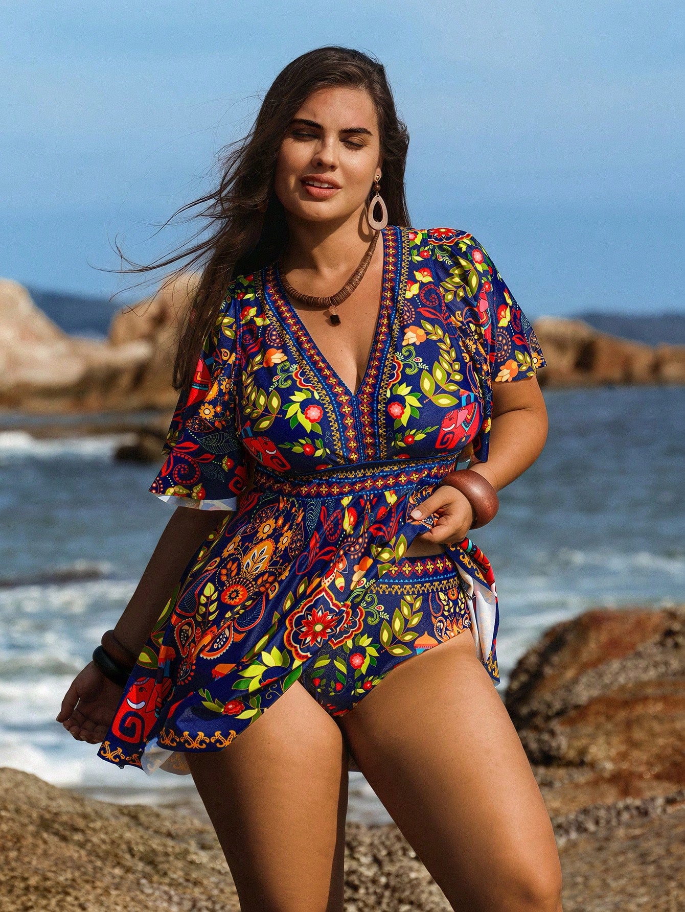 Swim Lushoire Plus Size Women 2pcs Print Fashion Vacation Casual Modest High Waist Triangle Ruffle Hem Tankini Swimwear