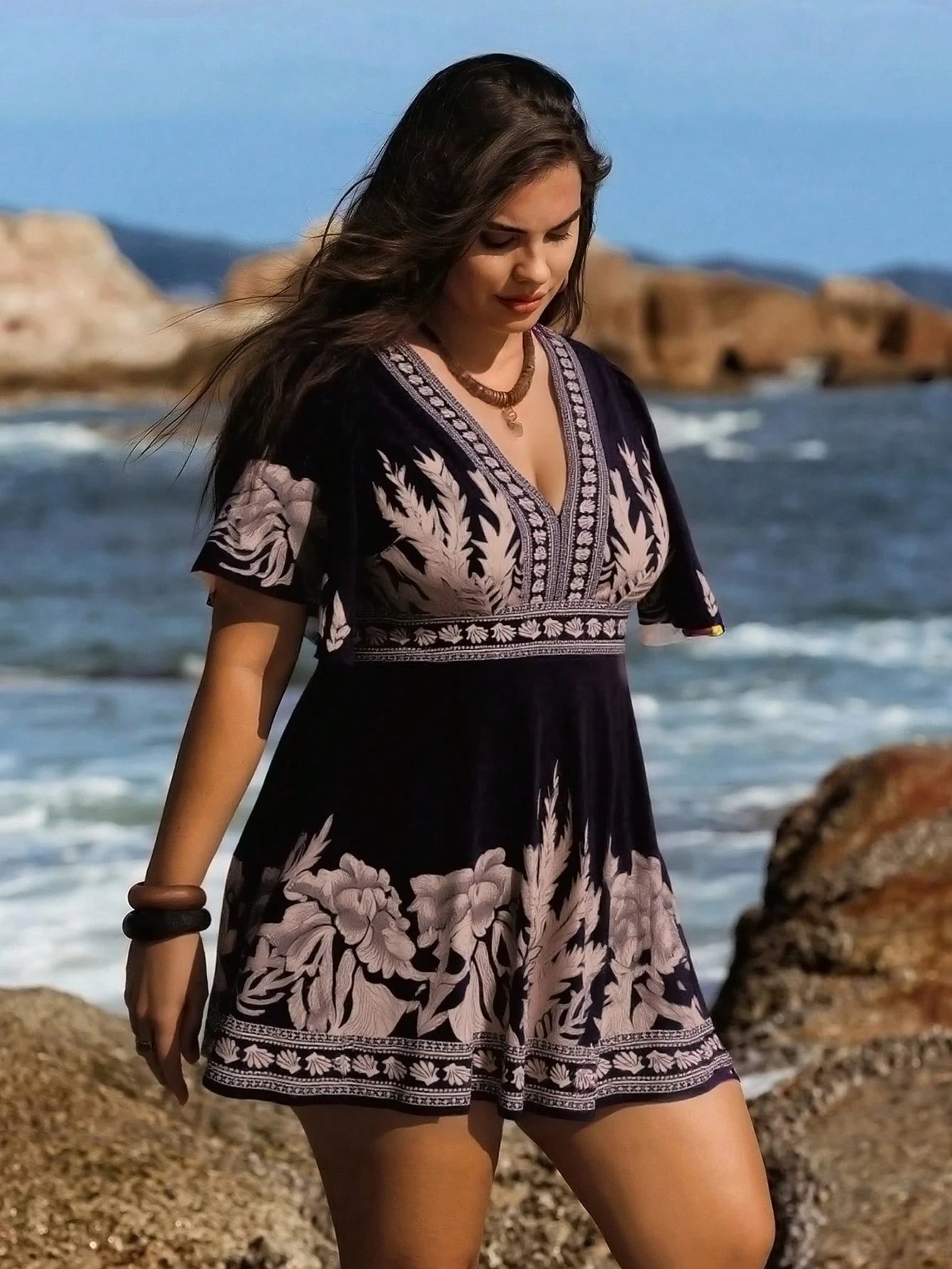 Swim Lushoire Plus Size Women 2pcs Print Fashion Vacation Casual Modest High Waist Triangle Ruffle Hem Tankini Swimwear