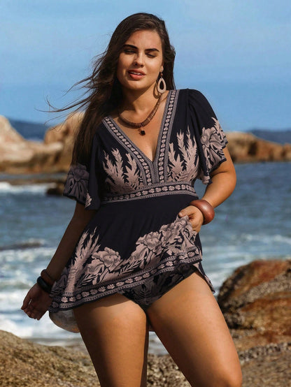 Swim Lushoire Plus Size Women 2pcs Print Fashion Vacation Casual Modest High Waist Triangle Ruffle Hem Tankini Swimwear