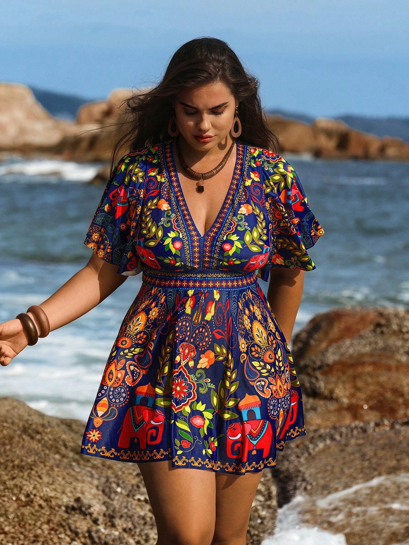 Swim Lushoire Plus Size Women 2pcs Print Fashion Vacation Casual Modest High Waist Triangle Ruffle Hem Tankini Swimwear