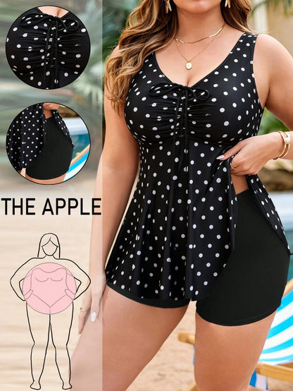 Swim Lushoire Plus Size Women 2pcs Random Print Tankini Swimwear Set, Front Drawstring Tummy Control, Minimalist Beach Vacation