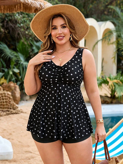 Swim Lushoire Plus Size Women 2pcs Random Print Tankini Swimwear Set, Front Drawstring Tummy Control, Minimalist Beach Vacation
