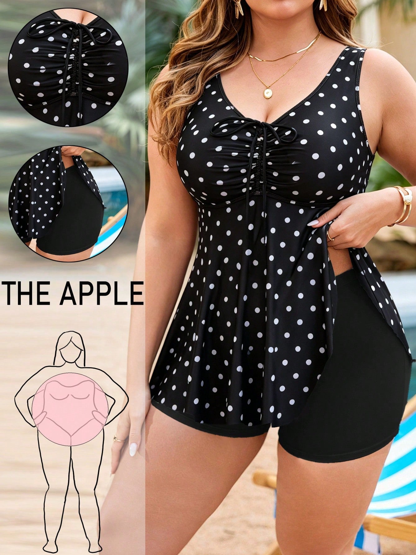 Swim Lushoire Plus Size Women 2pcs Random Print Tankini Swimwear Set, Front Drawstring Tummy Control, Minimalist Beach Vacation