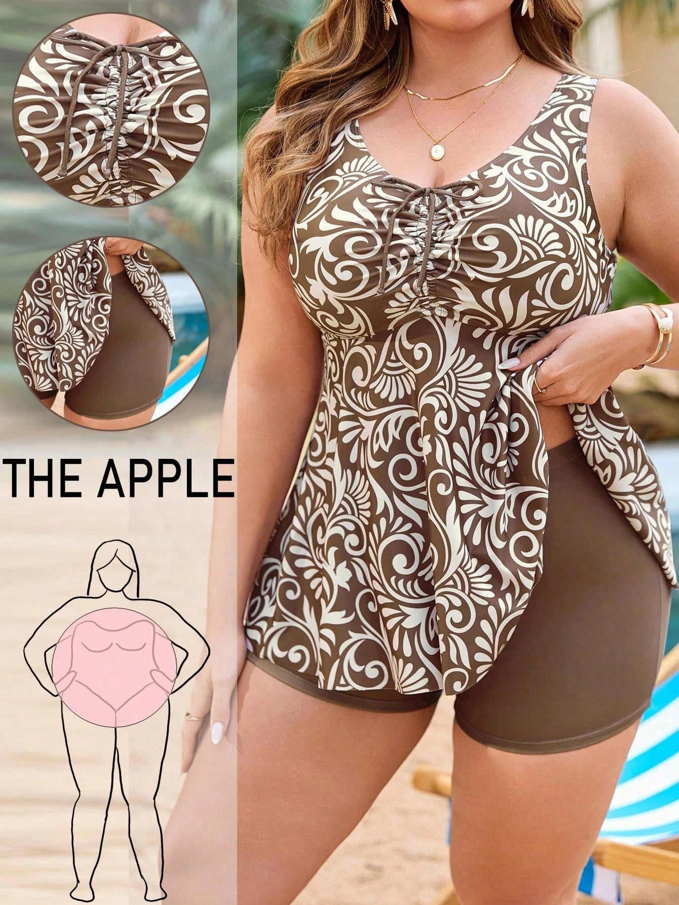 Swim Lushoire Plus Size Women 2pcs Set Random Print Tank Top Drawstring Front Tummy Control Slimming Minimalist Vacation Beach Swimsuit Set